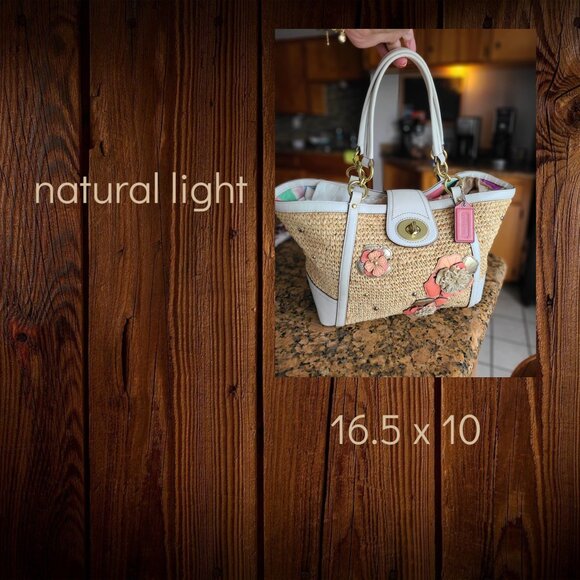 COACH Natalie Floral Straw Basket Bag embellished flower applique peach - Picture 9 of 9